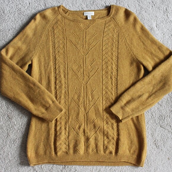 Garnet Hill - Women's 100% Cashmere Pointelle Crewneck in Mustard Yellow, Large - Picture 7 of 9